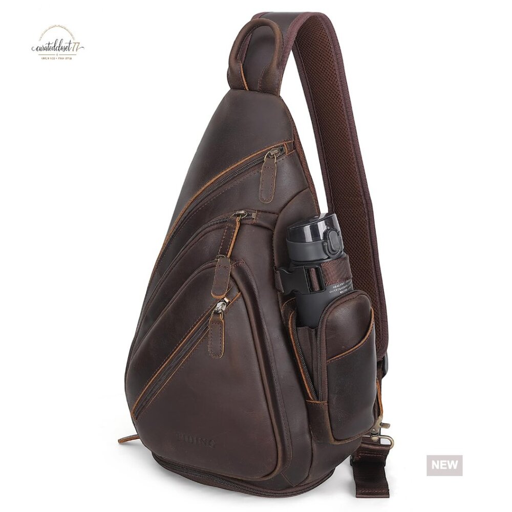 Full Grain Leather Sling Chest Bag Large Crossbody Daypack Fits 11" Tablet